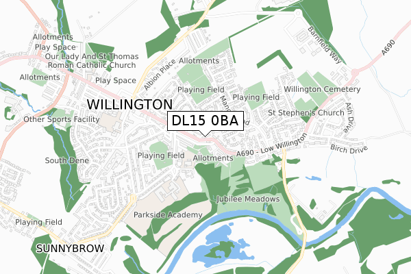 DL15 0BA map - small scale - OS Open Zoomstack (Ordnance Survey)