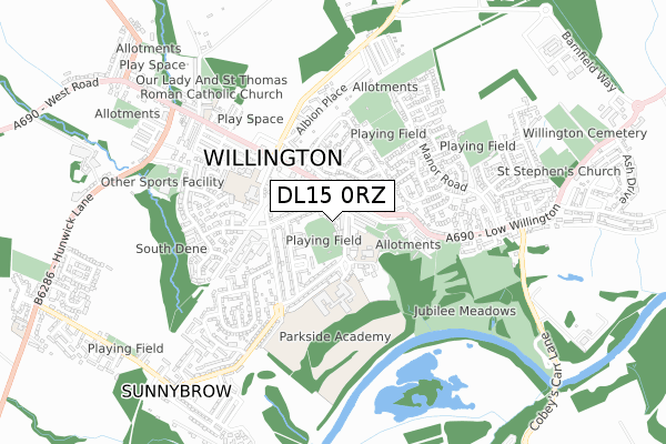 DL15 0RZ map - small scale - OS Open Zoomstack (Ordnance Survey)