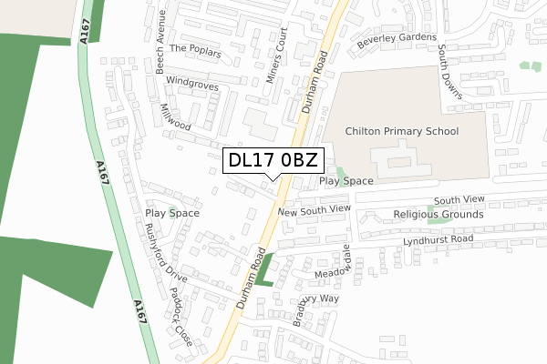 DL17 0BZ map - large scale - OS Open Zoomstack (Ordnance Survey)