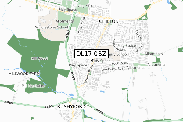 DL17 0BZ map - small scale - OS Open Zoomstack (Ordnance Survey)