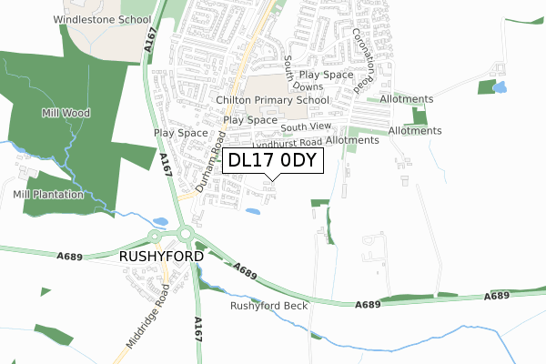 DL17 0DY map - small scale - OS Open Zoomstack (Ordnance Survey)