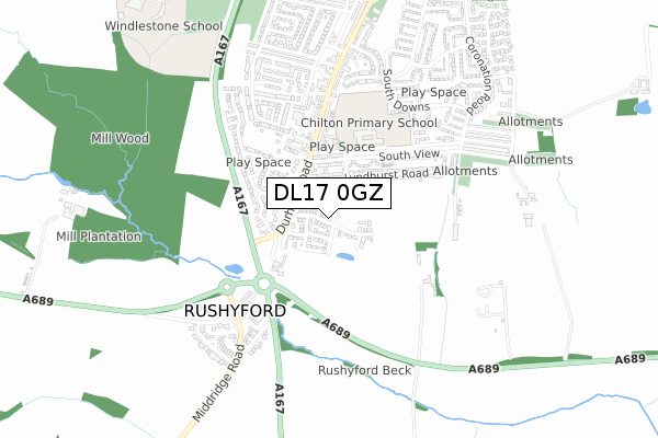 DL17 0GZ map - small scale - OS Open Zoomstack (Ordnance Survey)