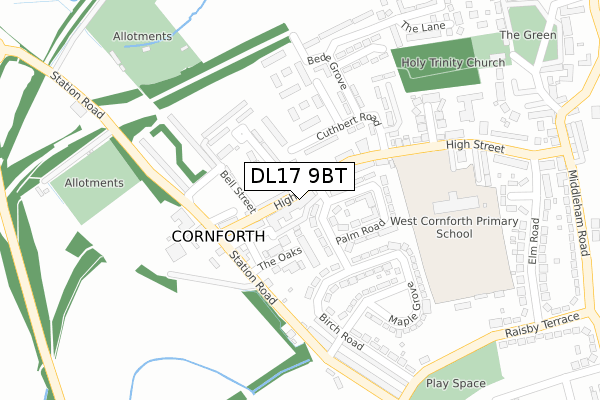 DL17 9BT map - large scale - OS Open Zoomstack (Ordnance Survey)