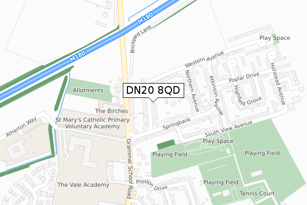 DN20 8QD map - large scale - OS Open Zoomstack (Ordnance Survey)