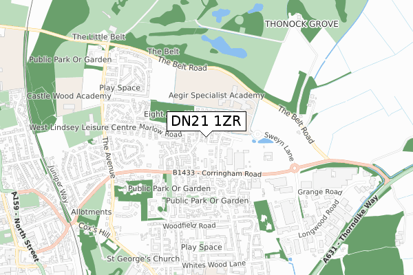 DN21 1ZR map - small scale - OS Open Zoomstack (Ordnance Survey)