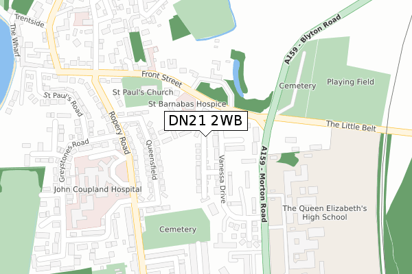 DN21 2WB map - large scale - OS Open Zoomstack (Ordnance Survey)