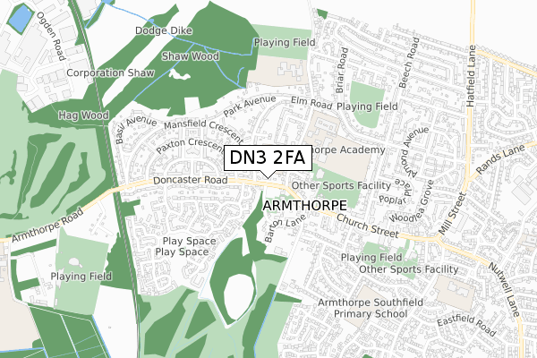 DN3 2FA map - small scale - OS Open Zoomstack (Ordnance Survey)