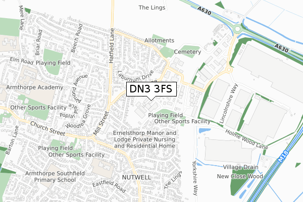 DN3 3FS map - small scale - OS Open Zoomstack (Ordnance Survey)