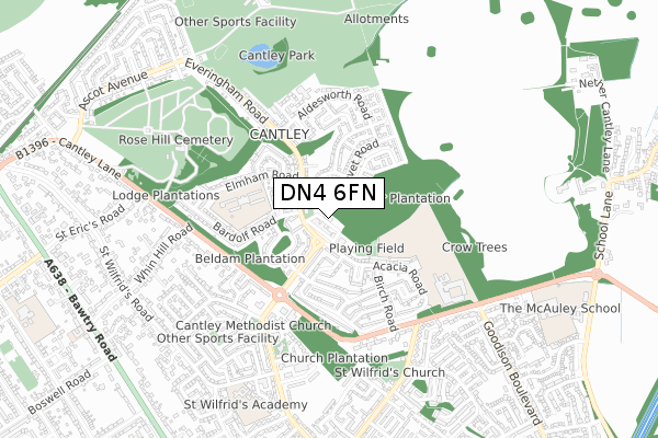 DN4 6FN map - small scale - OS Open Zoomstack (Ordnance Survey)