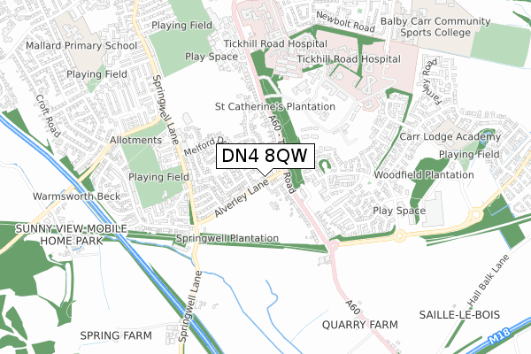 DN4 8QW map - small scale - OS Open Zoomstack (Ordnance Survey)