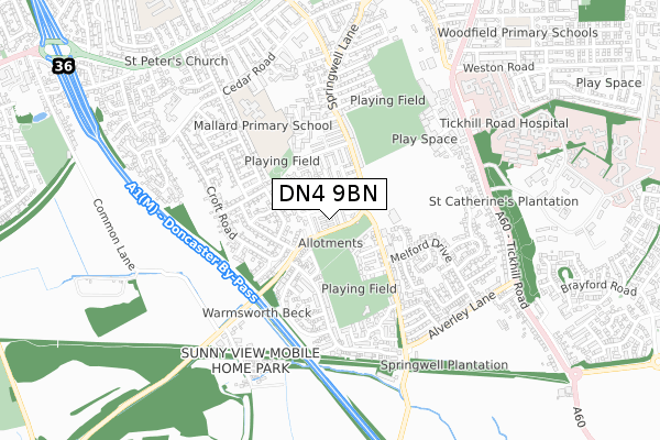 DN4 9BN map - small scale - OS Open Zoomstack (Ordnance Survey)
