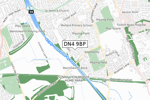 DN4 9BP map - small scale - OS Open Zoomstack (Ordnance Survey)