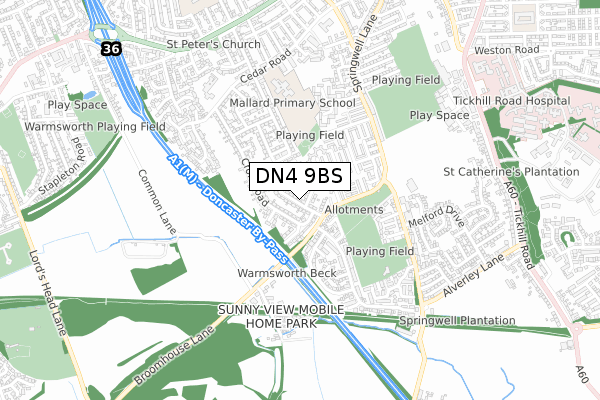 DN4 9BS map - small scale - OS Open Zoomstack (Ordnance Survey)