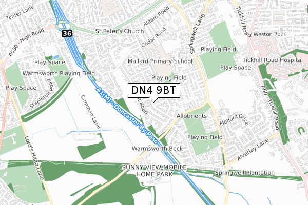 DN4 9BT map - small scale - OS Open Zoomstack (Ordnance Survey)