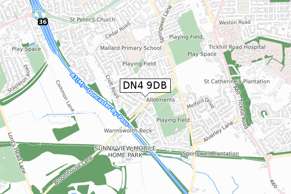 DN4 9DB map - small scale - OS Open Zoomstack (Ordnance Survey)