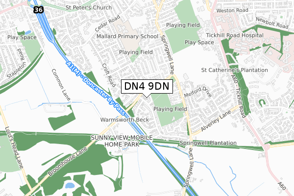 DN4 9DN map - small scale - OS Open Zoomstack (Ordnance Survey)