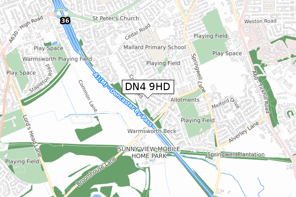 DN4 9HD map - small scale - OS Open Zoomstack (Ordnance Survey)