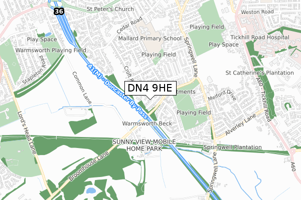 DN4 9HE map - small scale - OS Open Zoomstack (Ordnance Survey)