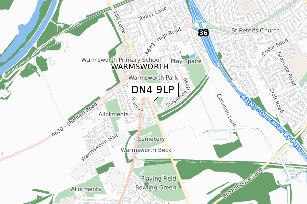 DN4 9LP map - small scale - OS Open Zoomstack (Ordnance Survey)