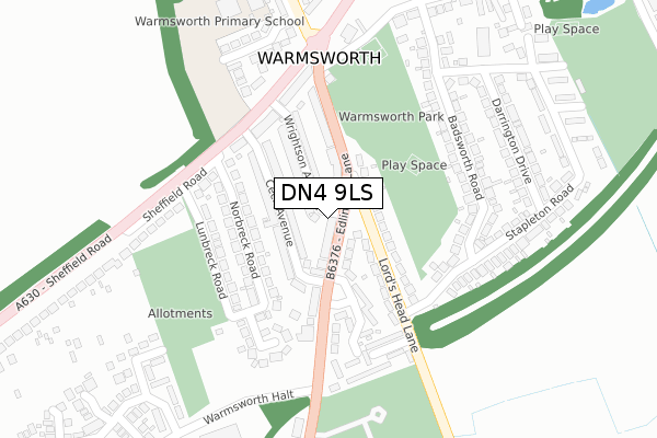 DN4 9LS map - large scale - OS Open Zoomstack (Ordnance Survey)