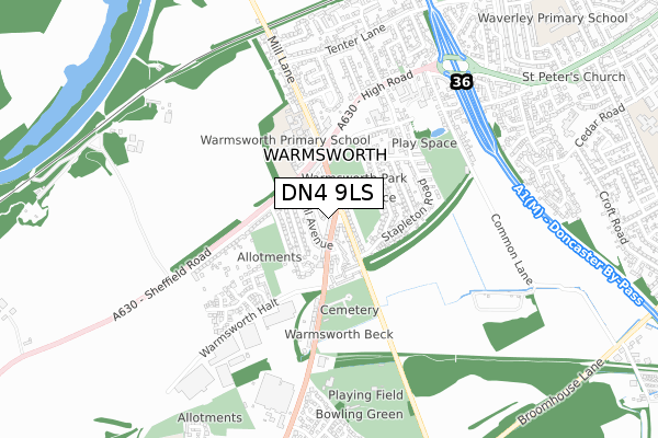 DN4 9LS map - small scale - OS Open Zoomstack (Ordnance Survey)