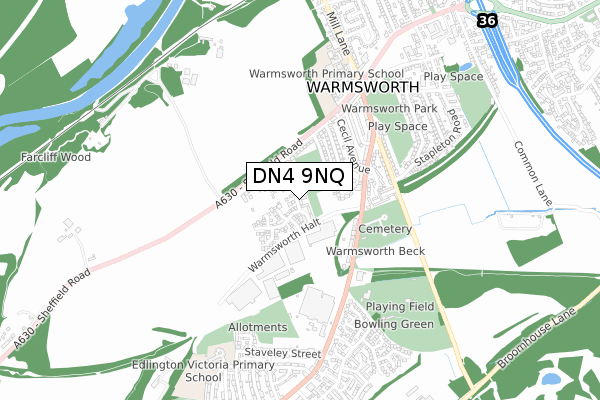 DN4 9NQ map - small scale - OS Open Zoomstack (Ordnance Survey)