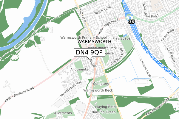 DN4 9QP map - small scale - OS Open Zoomstack (Ordnance Survey)