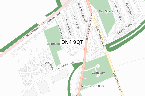 DN4 9QT map - large scale - OS Open Zoomstack (Ordnance Survey)