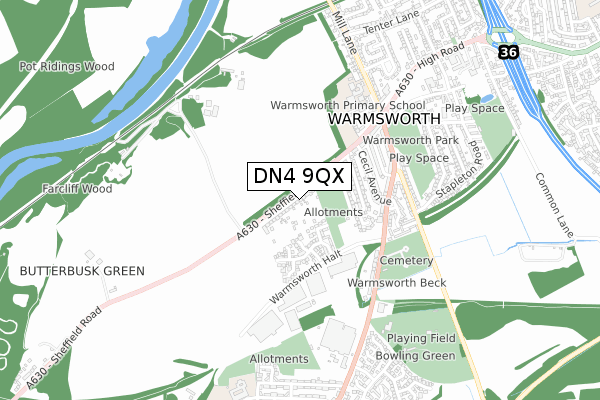 DN4 9QX map - small scale - OS Open Zoomstack (Ordnance Survey)