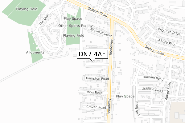 DN7 4AF map - large scale - OS Open Zoomstack (Ordnance Survey)