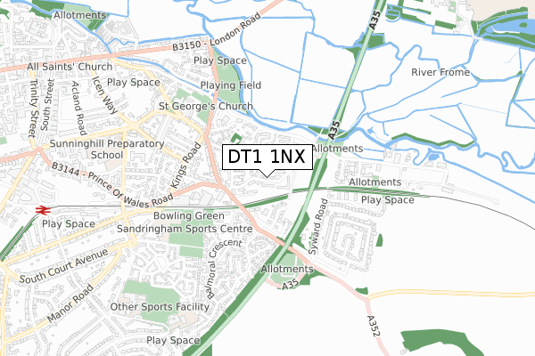 DT1 1NX map - small scale - OS Open Zoomstack (Ordnance Survey)