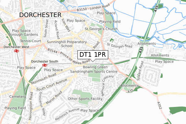 DT1 1PR map - small scale - OS Open Zoomstack (Ordnance Survey)