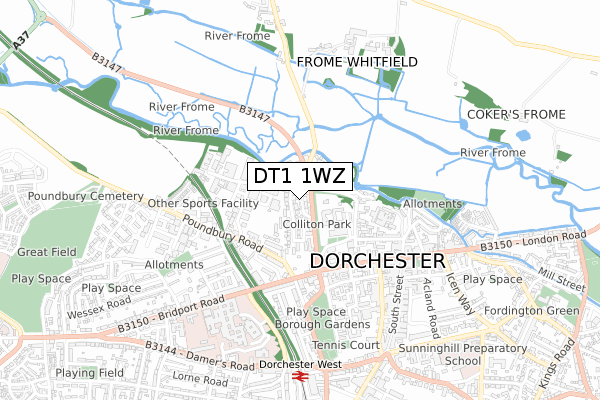 DT1 1WZ map - small scale - OS Open Zoomstack (Ordnance Survey)