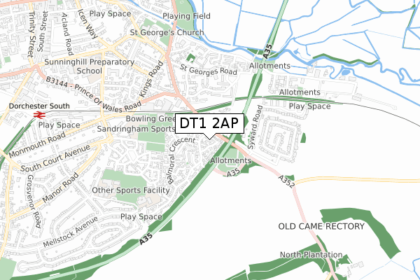 DT1 2AP map - small scale - OS Open Zoomstack (Ordnance Survey)
