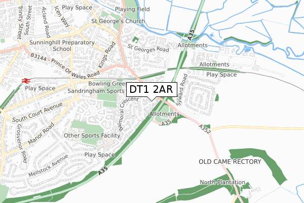 DT1 2AR map - small scale - OS Open Zoomstack (Ordnance Survey)