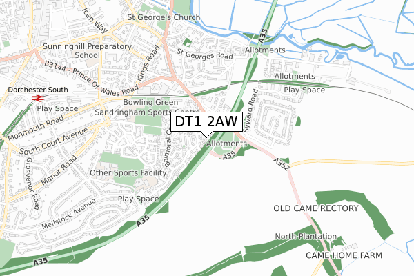DT1 2AW map - small scale - OS Open Zoomstack (Ordnance Survey)