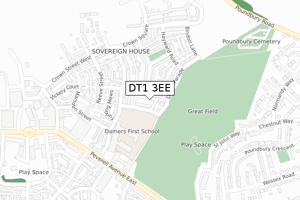 DT1 3EE map - large scale - OS Open Zoomstack (Ordnance Survey)