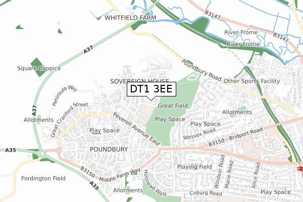 DT1 3EE map - small scale - OS Open Zoomstack (Ordnance Survey)