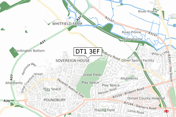 DT1 3EF map - small scale - OS Open Zoomstack (Ordnance Survey)