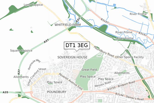 DT1 3EG map - small scale - OS Open Zoomstack (Ordnance Survey)