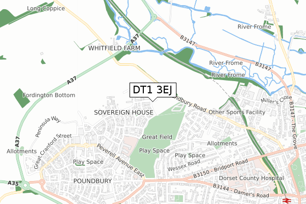 DT1 3EJ map - small scale - OS Open Zoomstack (Ordnance Survey)