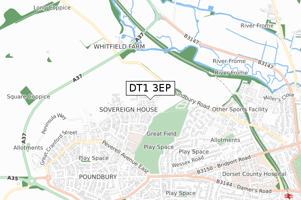 DT1 3EP map - small scale - OS Open Zoomstack (Ordnance Survey)