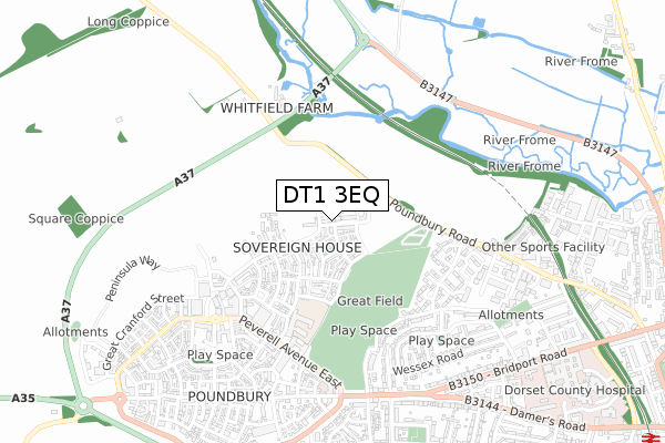 DT1 3EQ map - small scale - OS Open Zoomstack (Ordnance Survey)