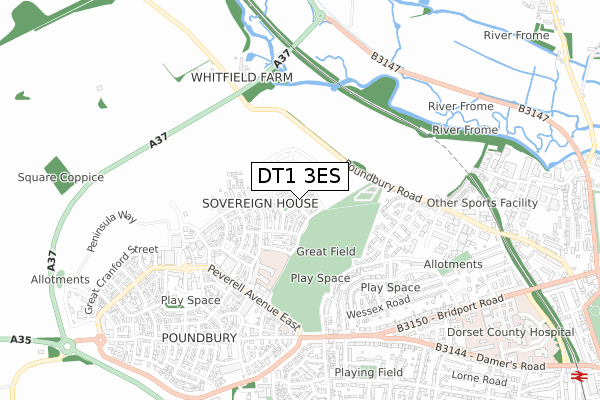 DT1 3ES map - small scale - OS Open Zoomstack (Ordnance Survey)