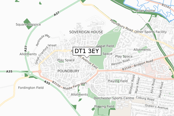 DT1 3EY map - small scale - OS Open Zoomstack (Ordnance Survey)