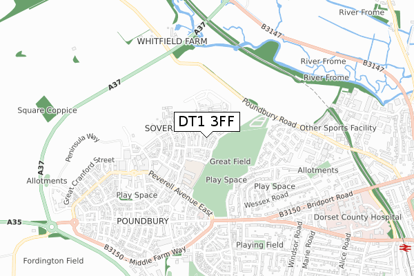 DT1 3FF map - small scale - OS Open Zoomstack (Ordnance Survey)