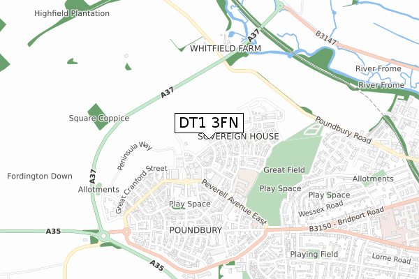DT1 3FN map - small scale - OS Open Zoomstack (Ordnance Survey)