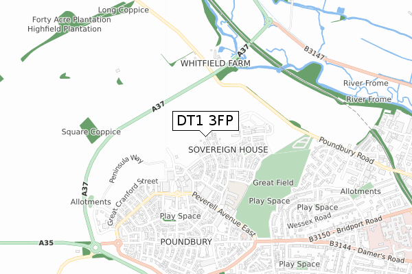 DT1 3FP map - small scale - OS Open Zoomstack (Ordnance Survey)