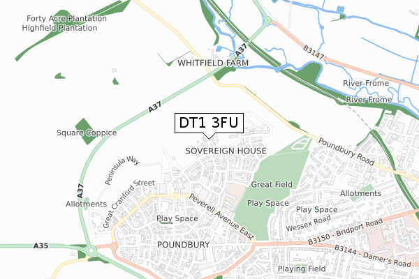 DT1 3FU map - small scale - OS Open Zoomstack (Ordnance Survey)
