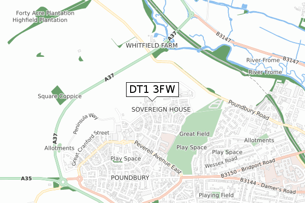 DT1 3FW map - small scale - OS Open Zoomstack (Ordnance Survey)